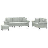 3 Piece Sofa Set with Pillows Light Grey Velvet