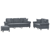 3 Piece Sofa Set with Pillows Dark Grey Velvet - Front View