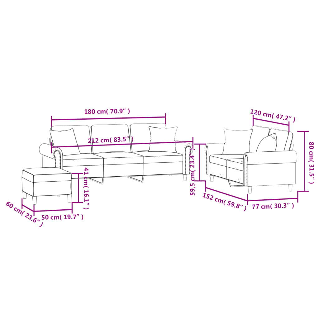 3 Piece Sofa Set with Pillows Dark Grey Velvet