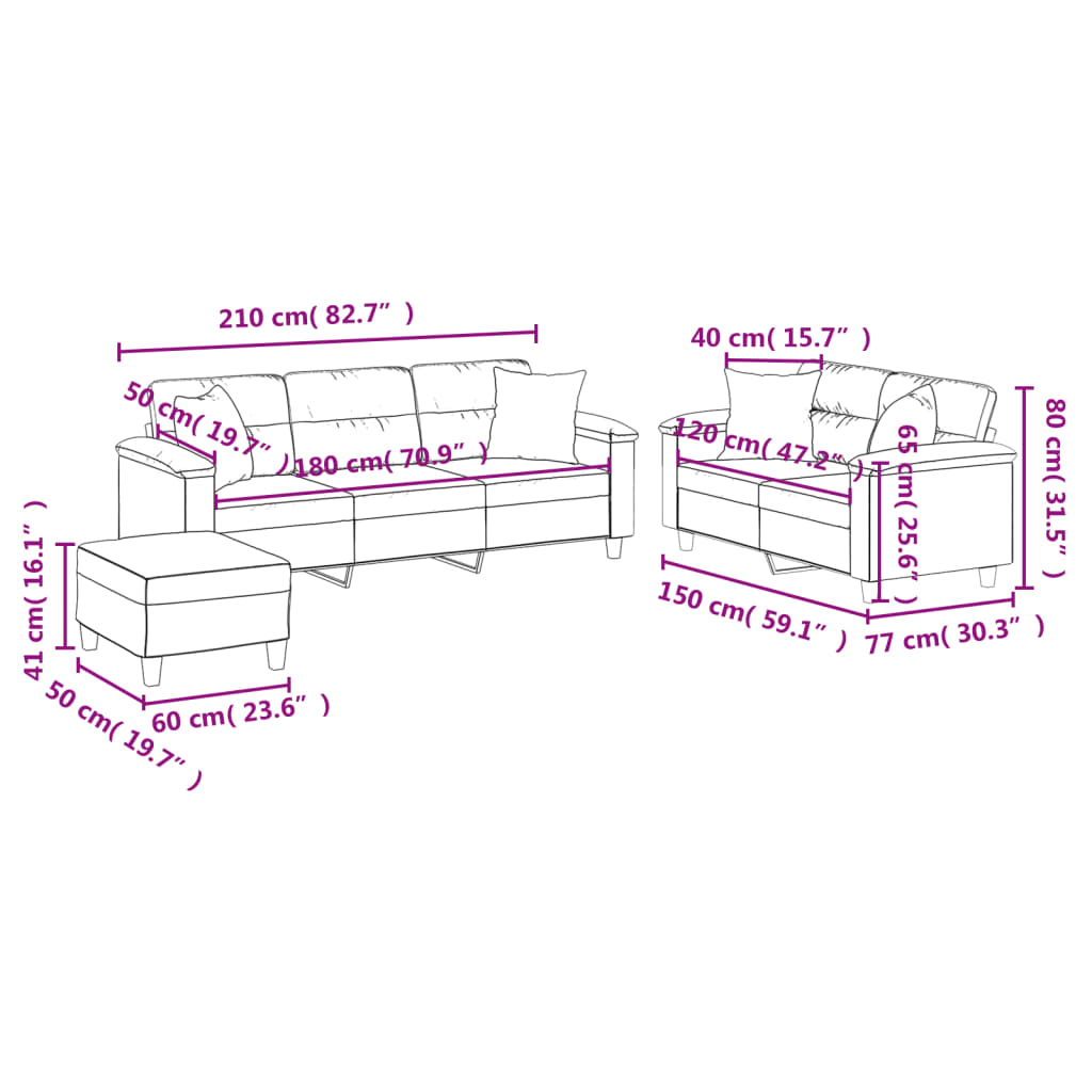 3 Piece Sofa Set with Pillows Dark Grey Microfibre Fabric