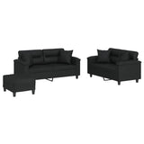 3 Piece Sofa Set with Pillows Black Faux Leather - Front View