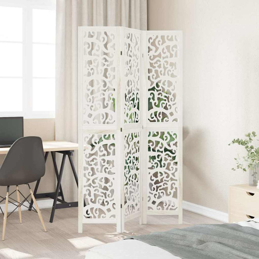 Room Divider 3 Panels White Solid Wood Paulownia