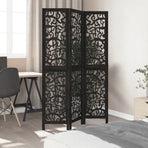 Room Divider 3 Panels Black Solid Wood Paulownia