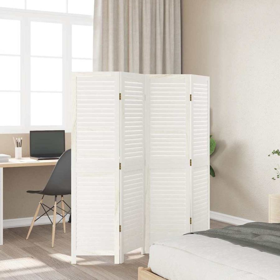 Room Divider 4 Panels Retro White Solid Wood Paulownia