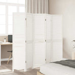 Room Divider 5 Panels Retro White Solid Wood Paulownia