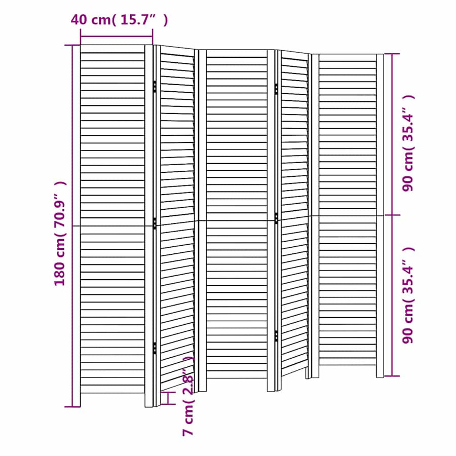 Room Divider 5 Panels Retro White Solid Wood Paulownia