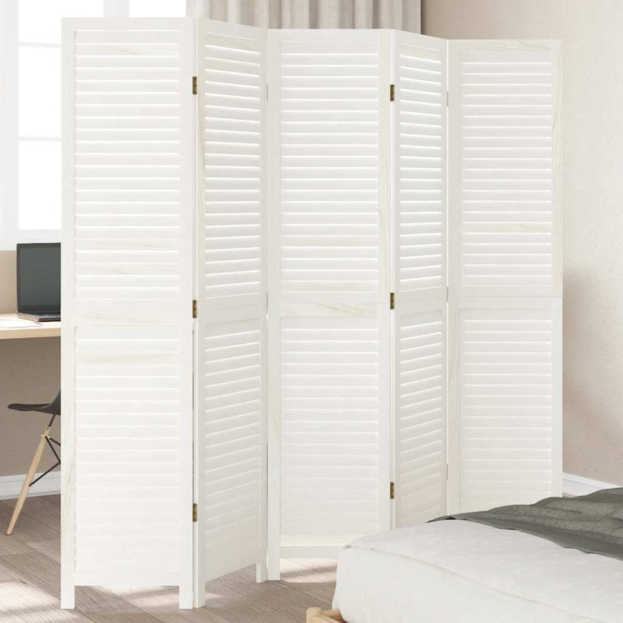 Room Divider 5 Panels Retro White Solid Wood Paulownia