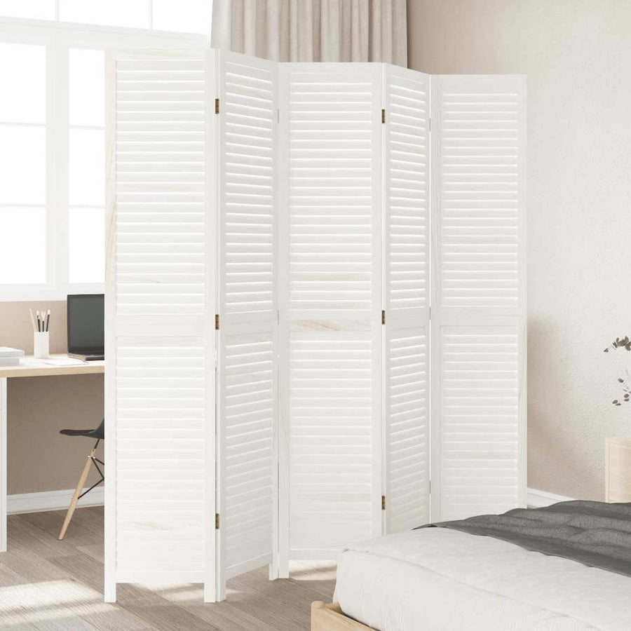 Room Divider 5 Panels Retro White Solid Wood Paulownia