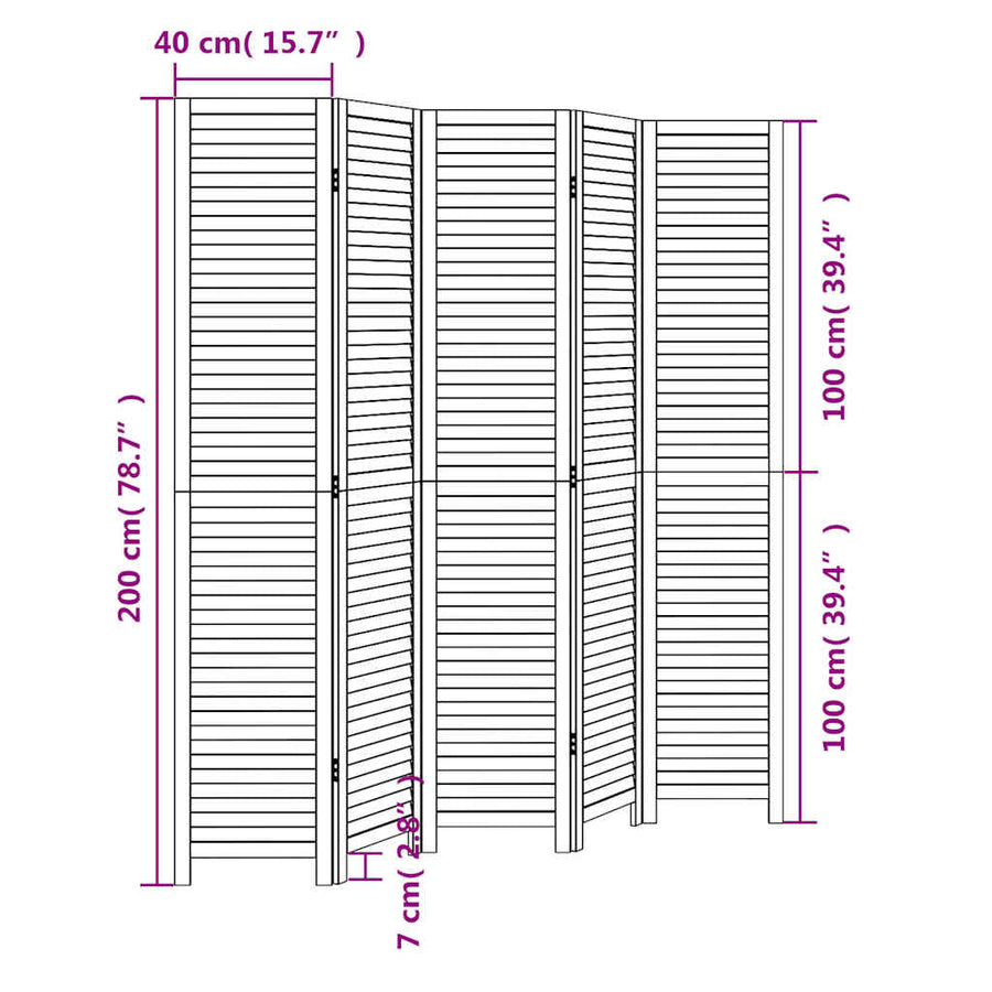 Room Divider 5 Panels Retro White Solid Wood Paulownia