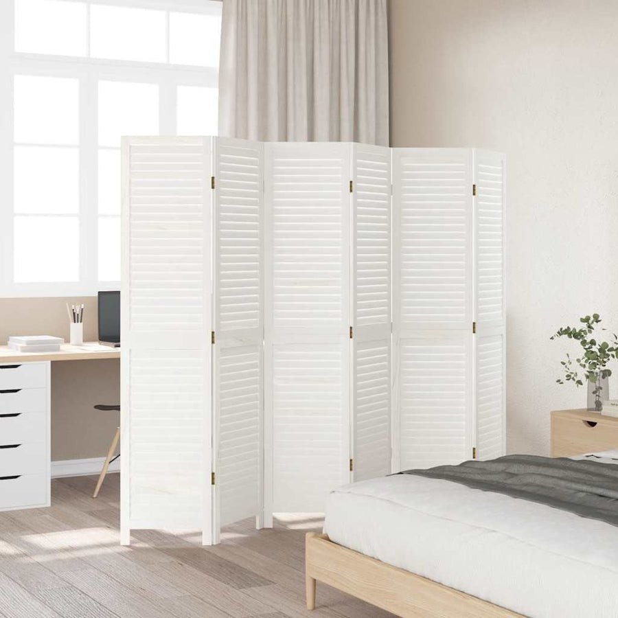 Room Divider 6 Panels Retro White Solid Wood Paulownia