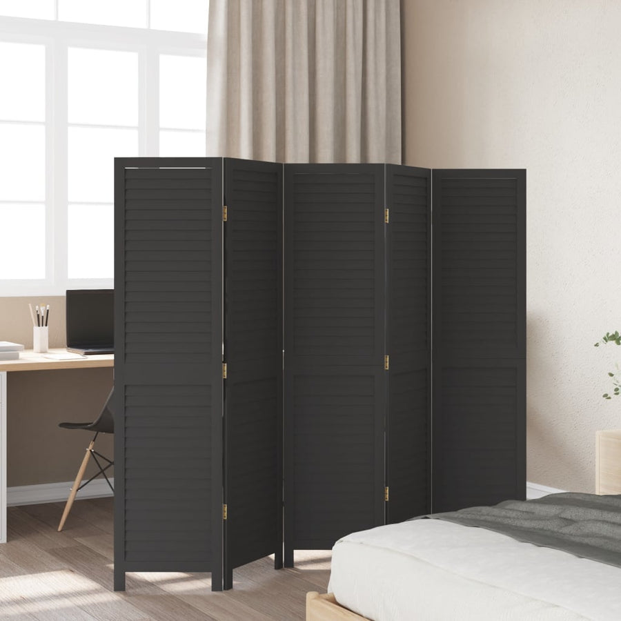 Room Divider 5 Panels Black Solid Wood Paulownia