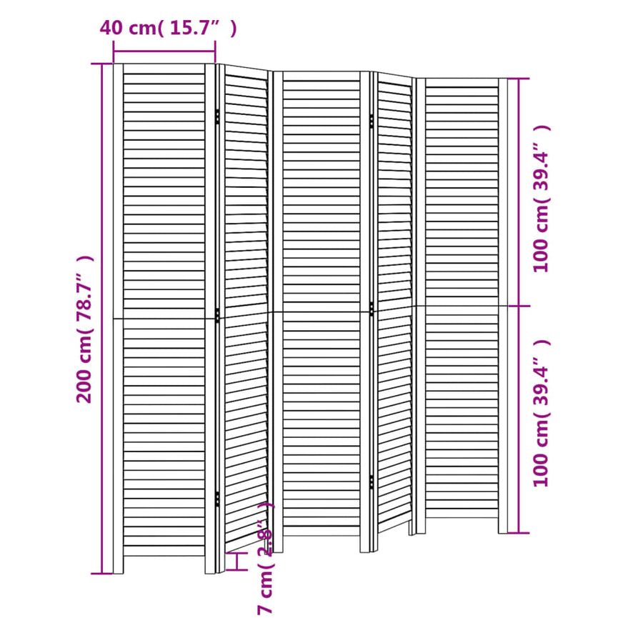 Room Divider 5 Panels Black Solid Wood Paulownia