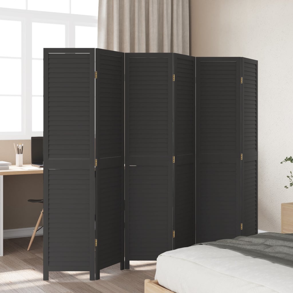 Room Divider 6 Panels Black Solid Wood Paulownia