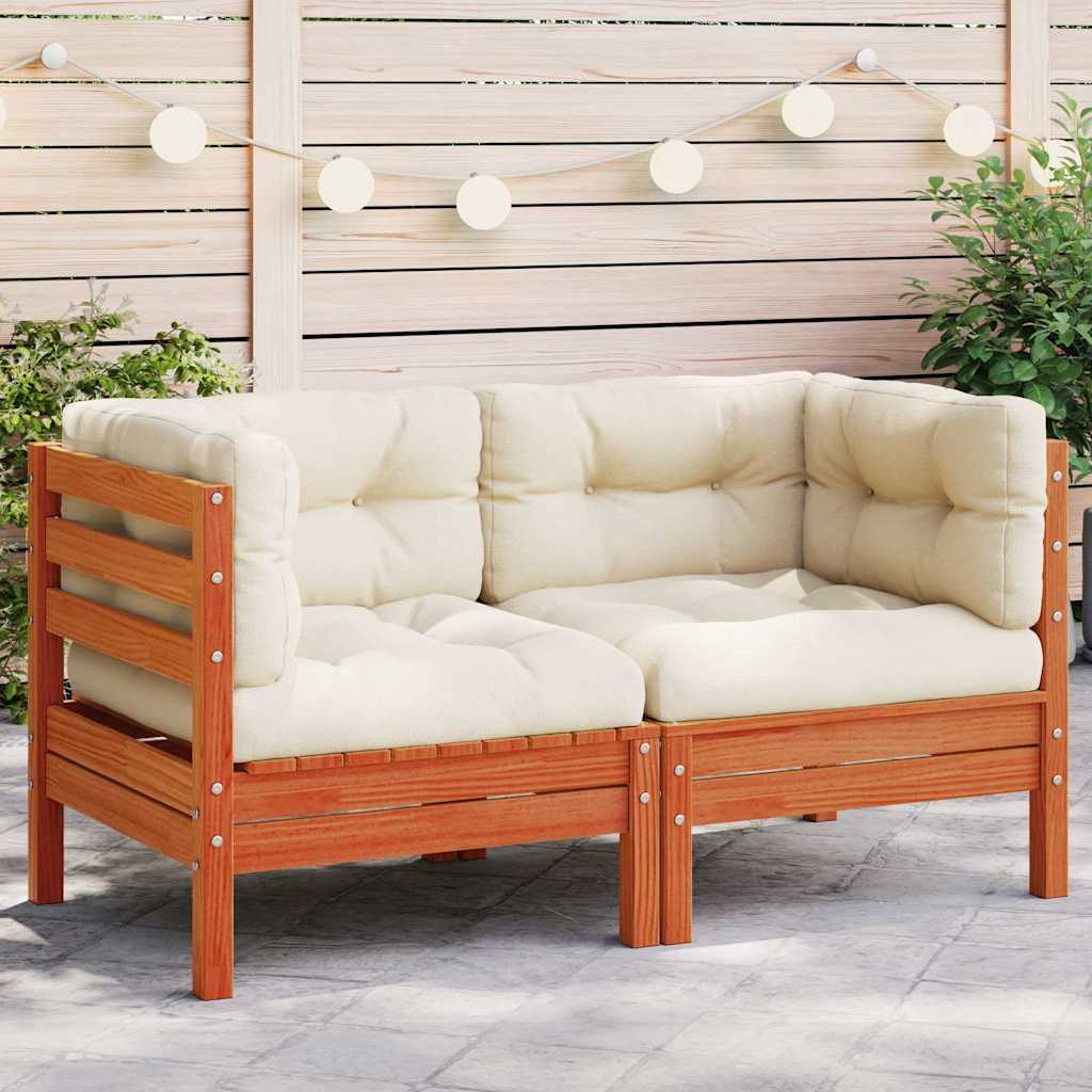 Garden Sofa Corner with Cushions 2 pcs Wax Brown Solid Wood Pine