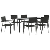 7 Piece Garden Dining Set Black Poly Rattan and Steel - Front View