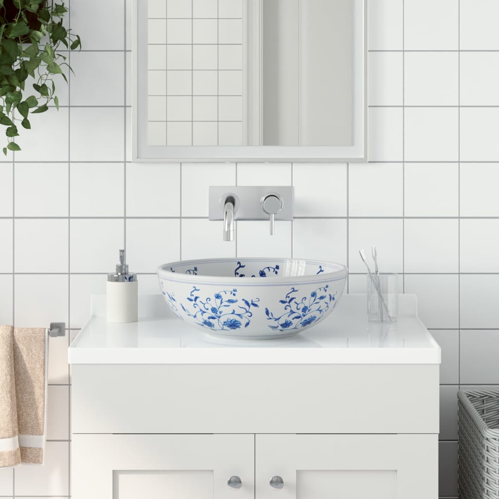 Countertop Basin White and Blue Round ?41x14 cm Ceramic