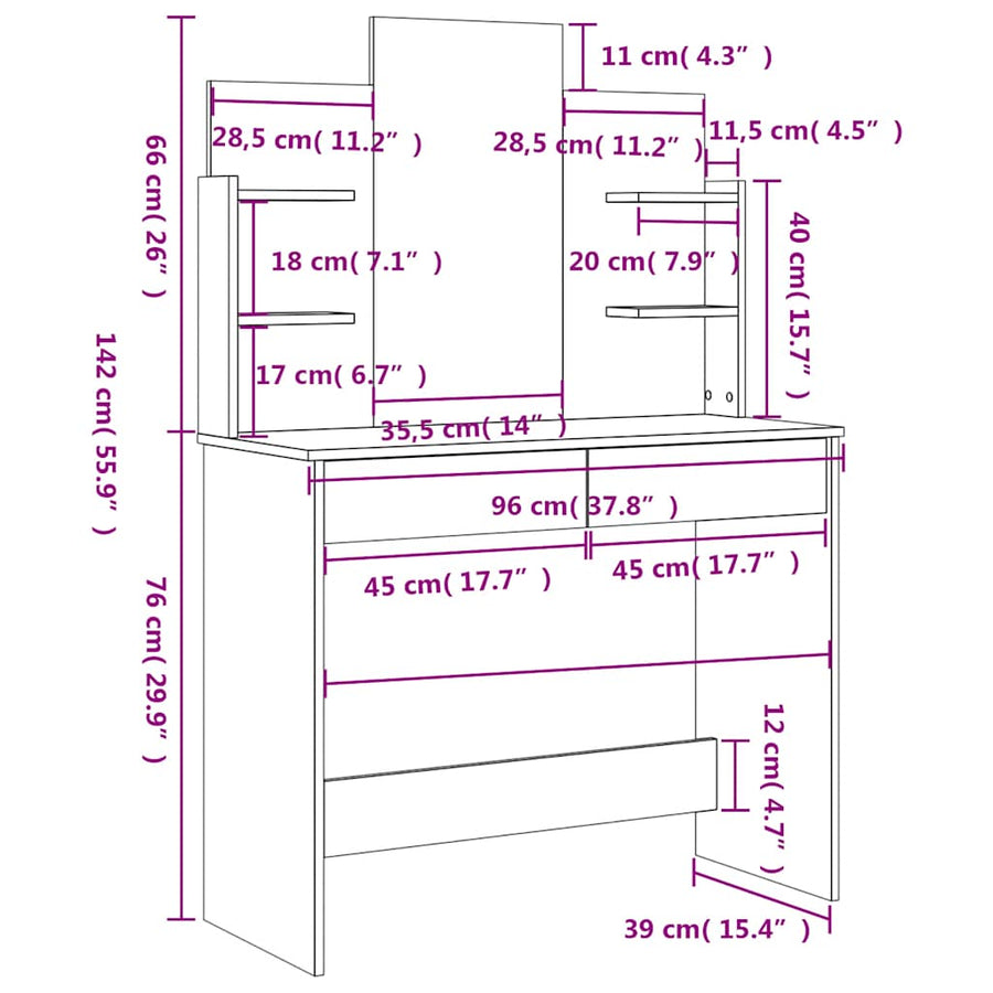 Dressing Table with Mirror White 96x39x142 cm