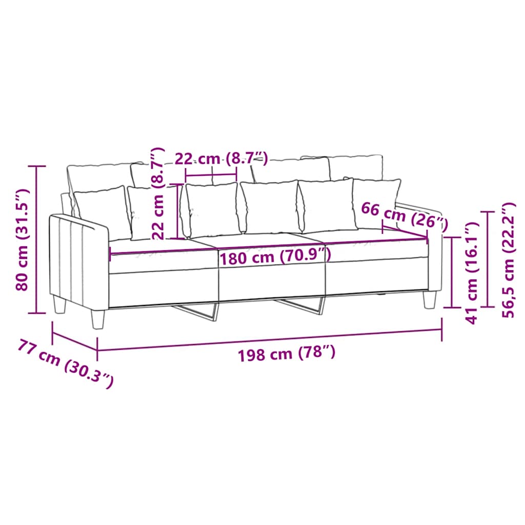 3-Seater Sofa Black 180 cm Fabric