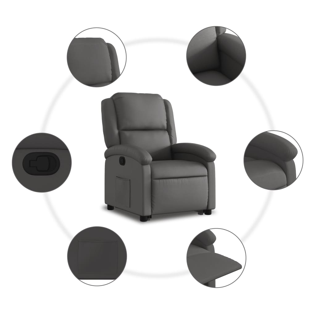 Stand up Recliner Chair Grey Real Leather