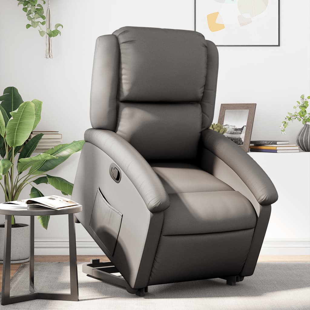 Stand up Recliner Chair Grey Real Leather