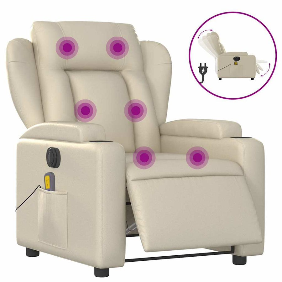 Electric Massage Recliner Chair Cream Faux Leather, Reclining