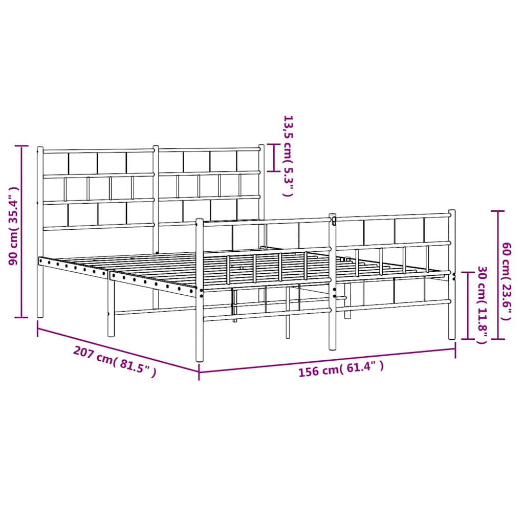 Metal Bed Frame without Mattress with Footboard Black 150x200 cm