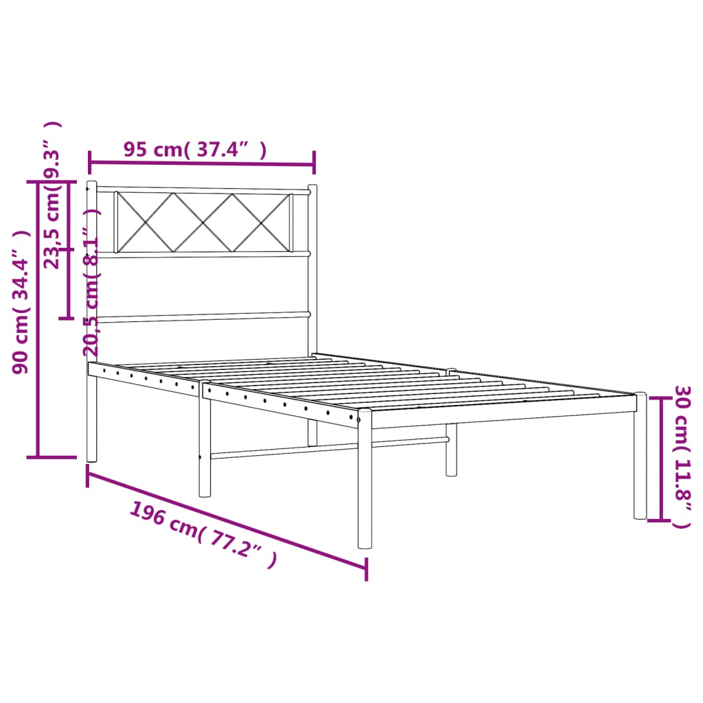 Metal Bed Frame without Mattress with Headboard Black 90x190 cm