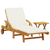 Sun Lounger with Cushion and Table Solid Wood Acacia - Front View