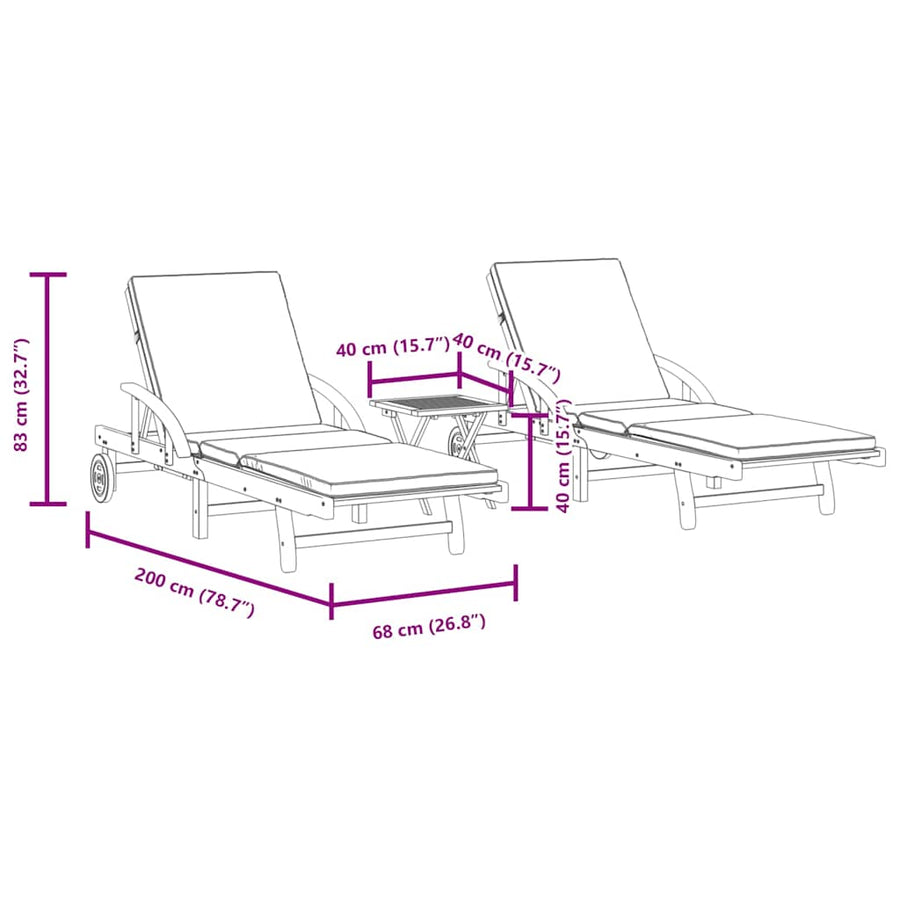 Sun Loungers 2 pcs with Table Solid Wood Acacia, image 10
