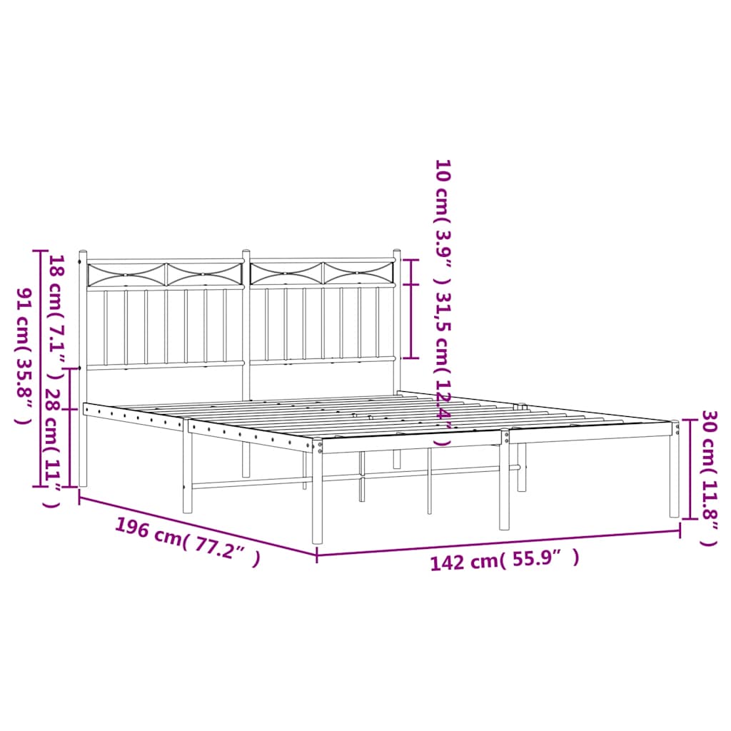 Metal Bed Frame without Mattress with Headboard White 135x190 cm