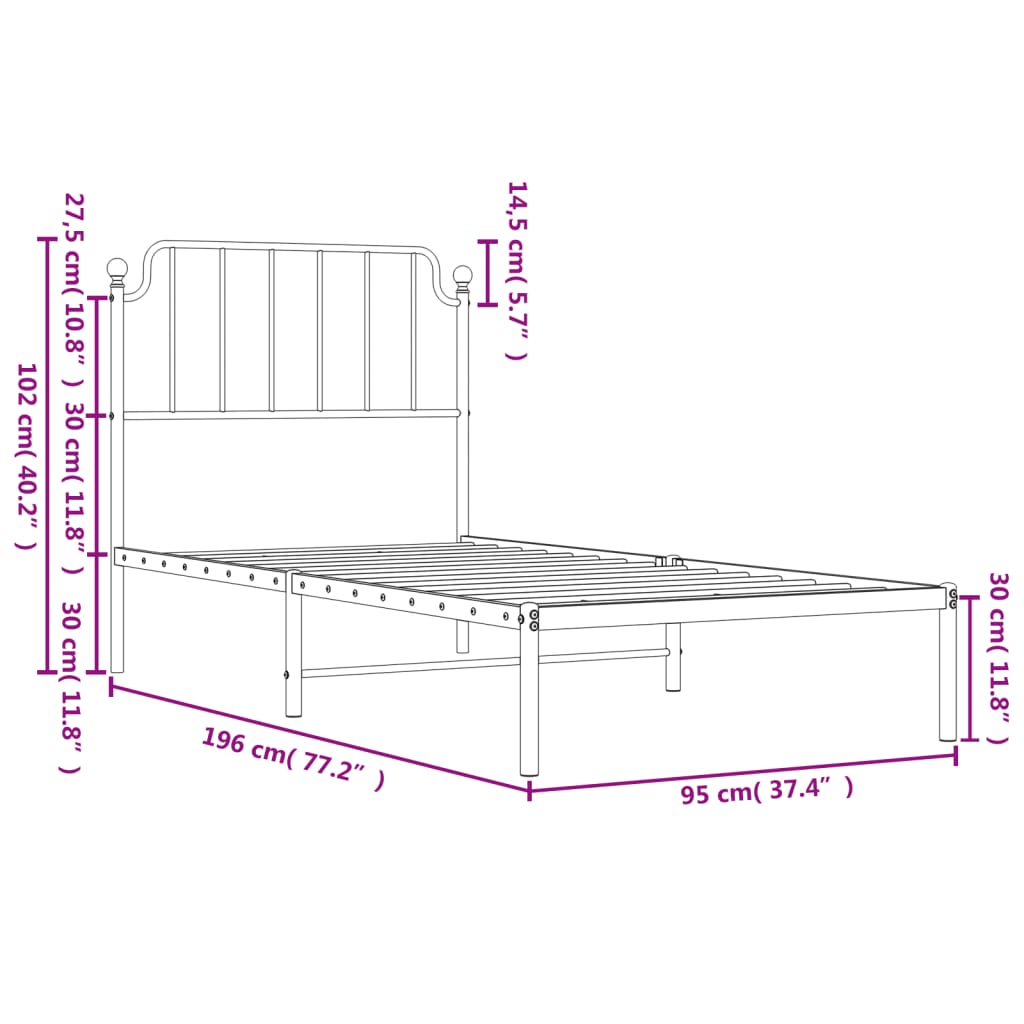 Metal Bed Frame without Mattress with Headboard White 90x190 cm