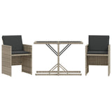 3 Piece Bistro Set with Cushions Light Grey Poly Rattan - Front View