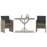 3 Piece Bistro Set with Cushions Light Grey Poly Rattan - Side View