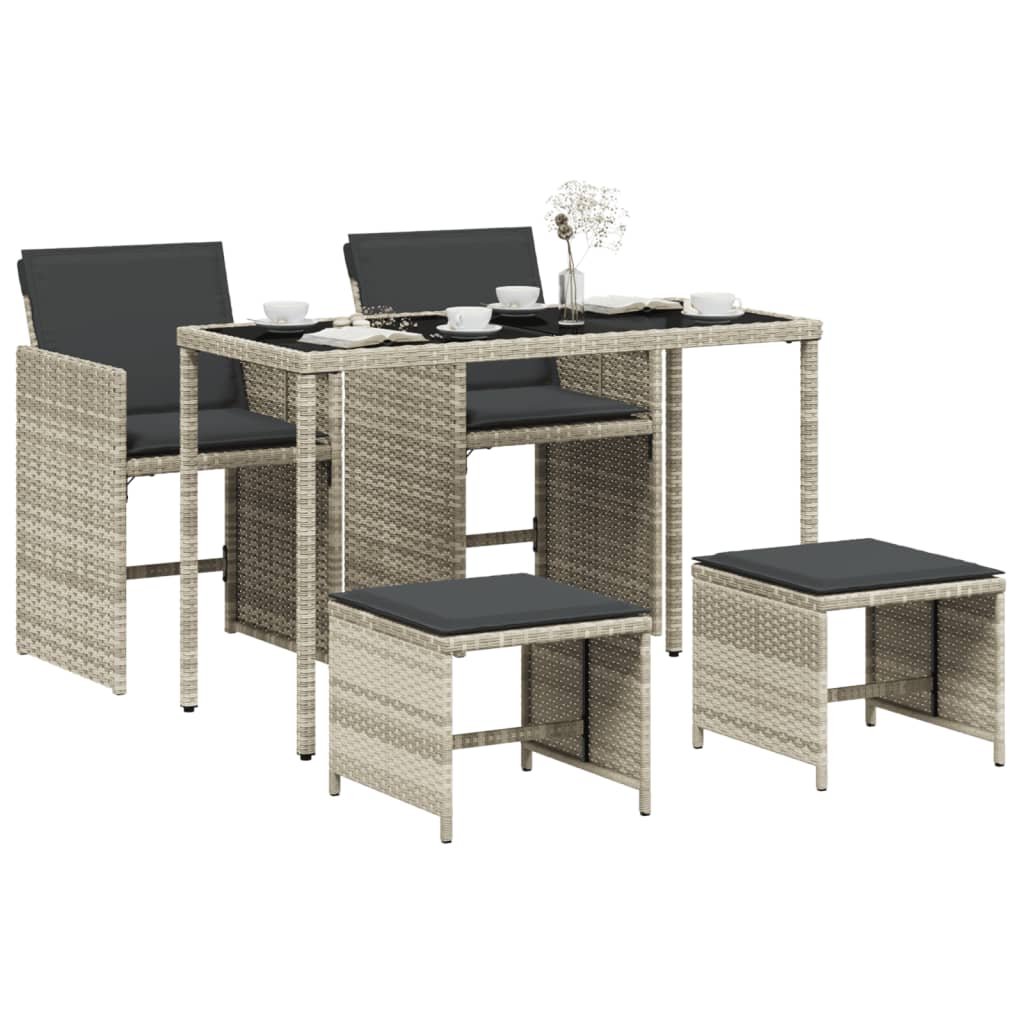 5 Piece Garden Dining Set with Cushions Light Grey Poly Rattan