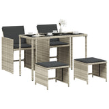 5 Piece Garden Dining Set with Cushions Light Grey Poly Rattan