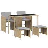 5 Piece Garden Dining Set with Cushions Mix Beige Poly Rattan - Front View