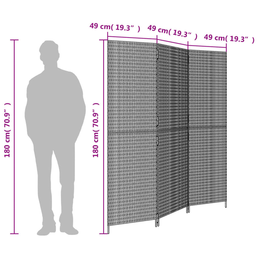 Room Divider 3 Panels Black Poly Rattan