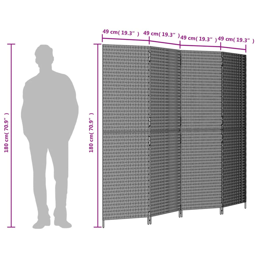 Room Divider 4 Panels Grey Poly Rattan