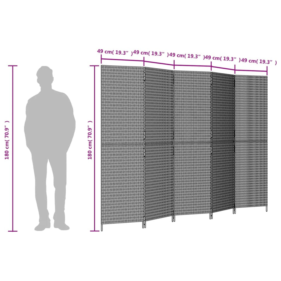 Room Divider 5 Panels Grey Poly Rattan