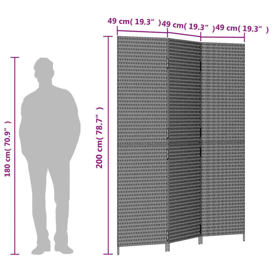Room Divider 3 Panels Grey Poly Rattan