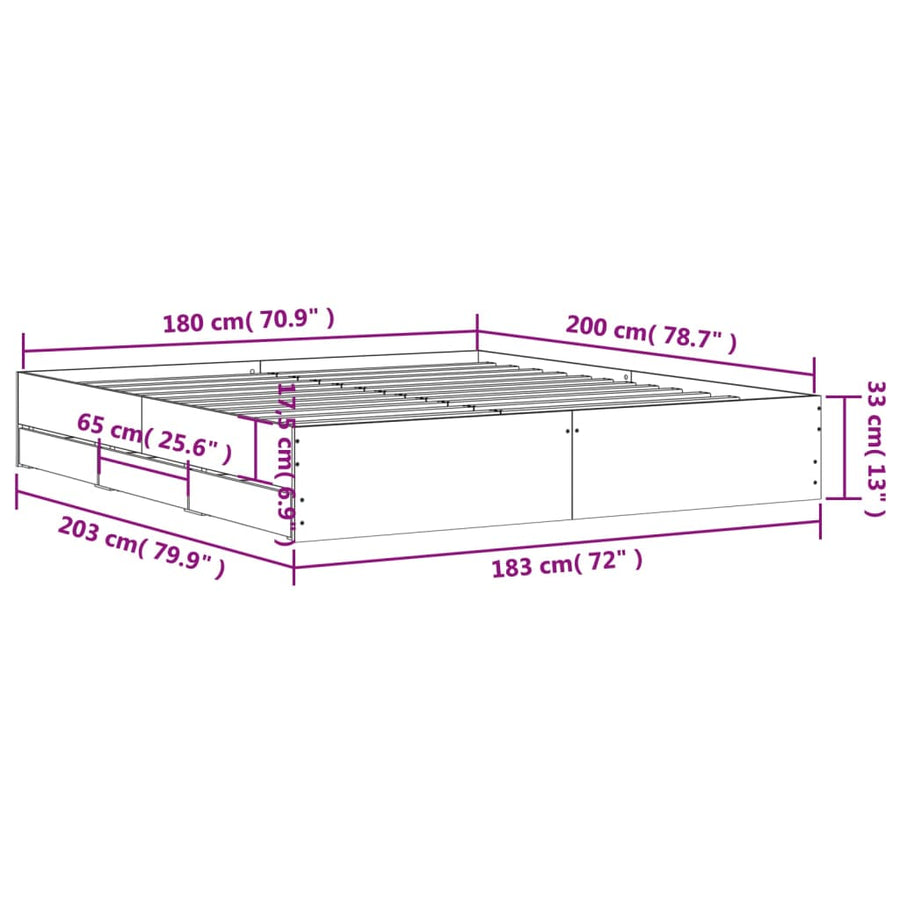 Bed Frame with Drawers without Mattress White 180x200 cm
