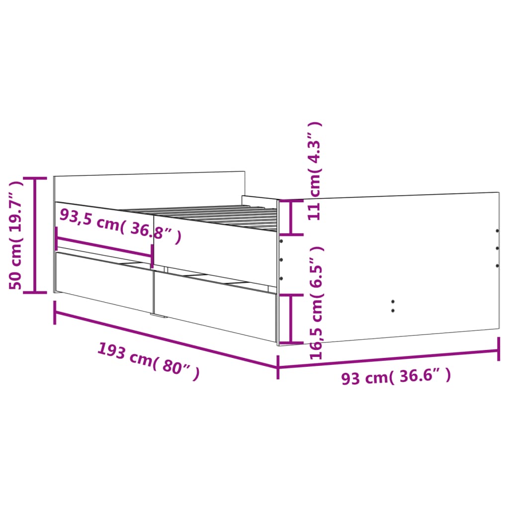 Bed Frame with Drawers without Mattress Sonoma Oak 90x190 cm