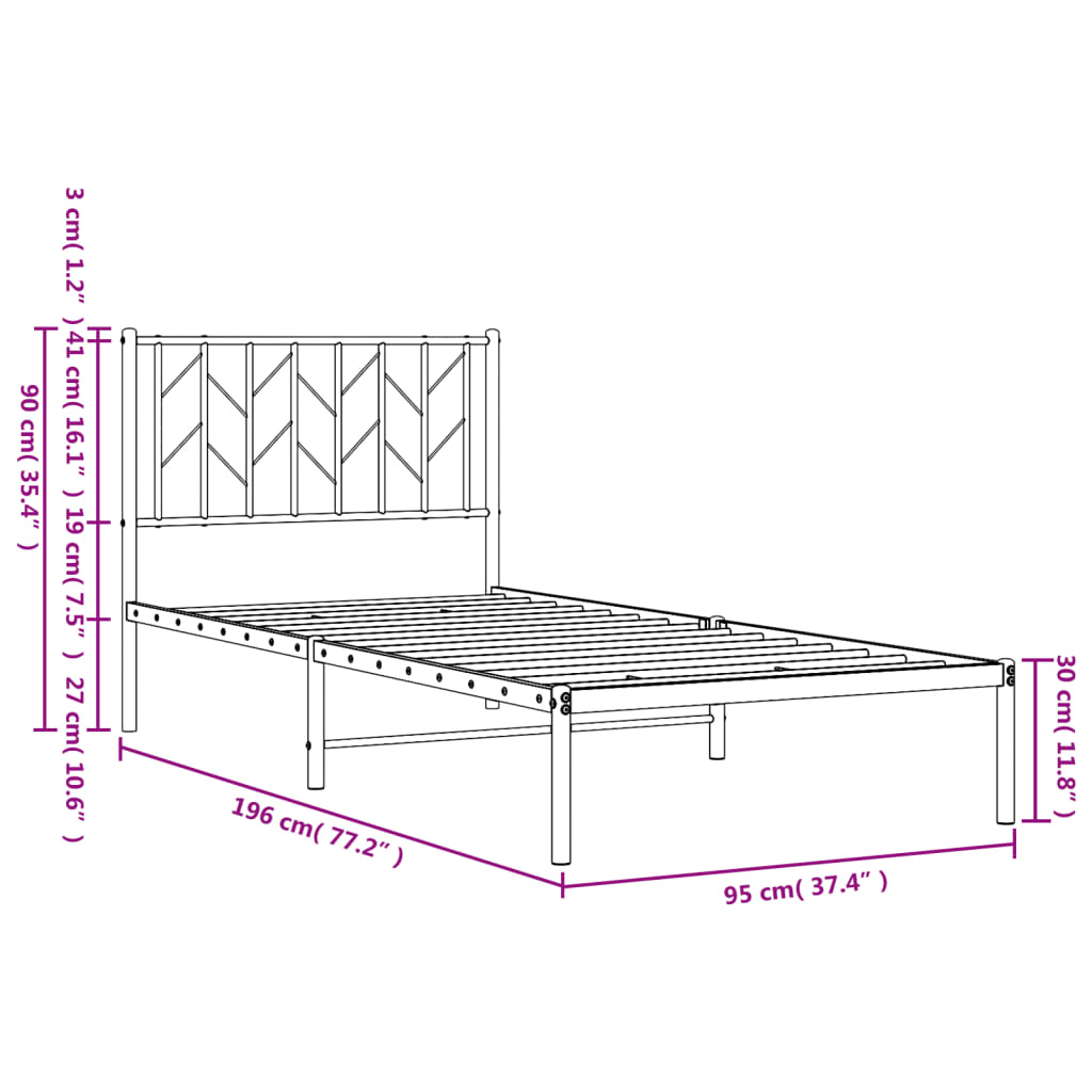 Metal Bed Frame without Mattress with Headboard Black 90x190 cm
