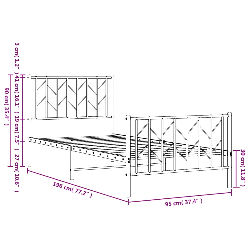 Metal Bed Frame without Mattress with Footboard Black 90x190 cm