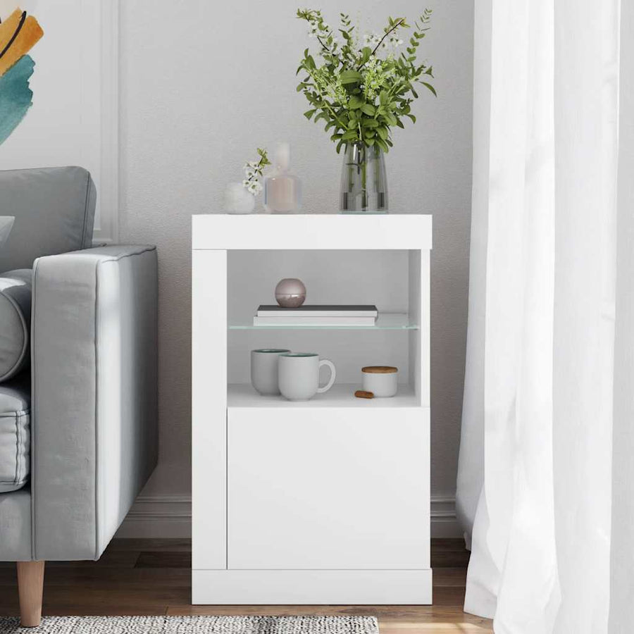 Side Cabinet with LED Lights White Engineered Wood