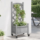 Planter with Trellis and Wheels Grey Solid Wood Fir - Side View