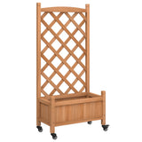 Planter with Trellis and Wheels Brown Solid Wood Fir - Front View