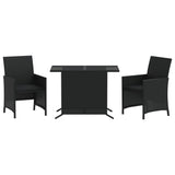 3 Piece Bistro Set with Cushions Black Poly Rattan - Front View