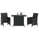 3 Piece Bistro Set with Cushions Black Poly Rattan - Side View