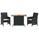 3 Piece Bistro Set with Cushions Black Poly Rattan - Front View